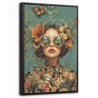 LEINWAND Bilder mit Rahmen - Frau - Blumen - Schmetterlinge - Natur - Vintage - 20x30 - Salbeigrün, Textil (20/30cm) - MuchoWow
