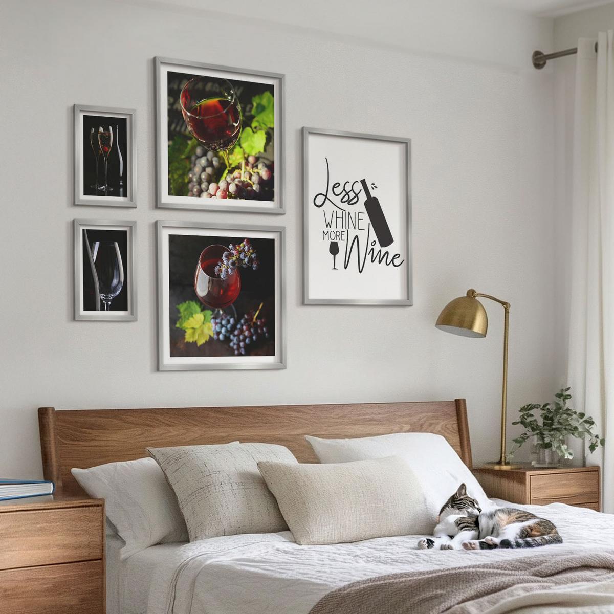 BILDER SET 5er Set - 50x50 cm & 20x30 cm & 40x60 cm Silberner Rahmen - Weingläser mit Trauben und Inschrift - Silberfarben, Kunststoff (40/60cm) - TULUP