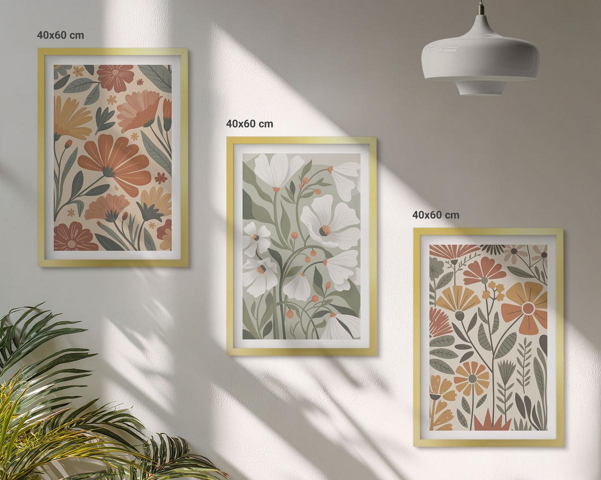 BILDER SET 3er Set - 40x60 cm Goldrahmen - Blumenmuster in Orange und Grün - Goldfarben, Kunststoff (40/60cm) - TULUP