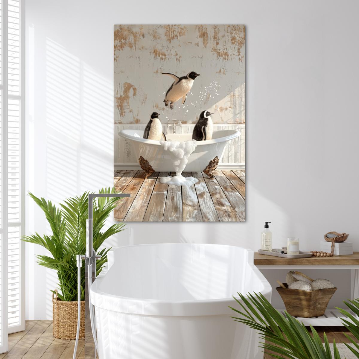 LEINWANDBILD Vintage - Pinguin - Badewanne - Schaumstoff Deko XXL 80x120 cm - Schwarz, Textil (80/120cm) - MuchoWow