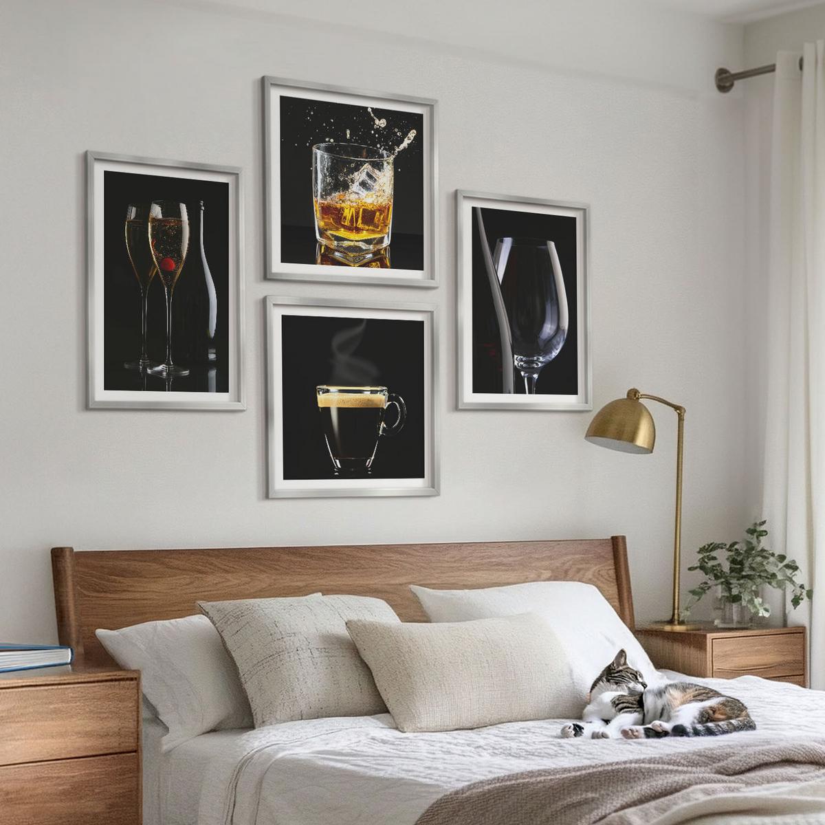 BILDER SET 4er Set - 50x50 cm & 40x60 cm Silberner Rahmen - Whisky, Wein, Champagner, Kaffee, Alkohol - Silberfarben, Kunststoff (50/50cm) - TULUP