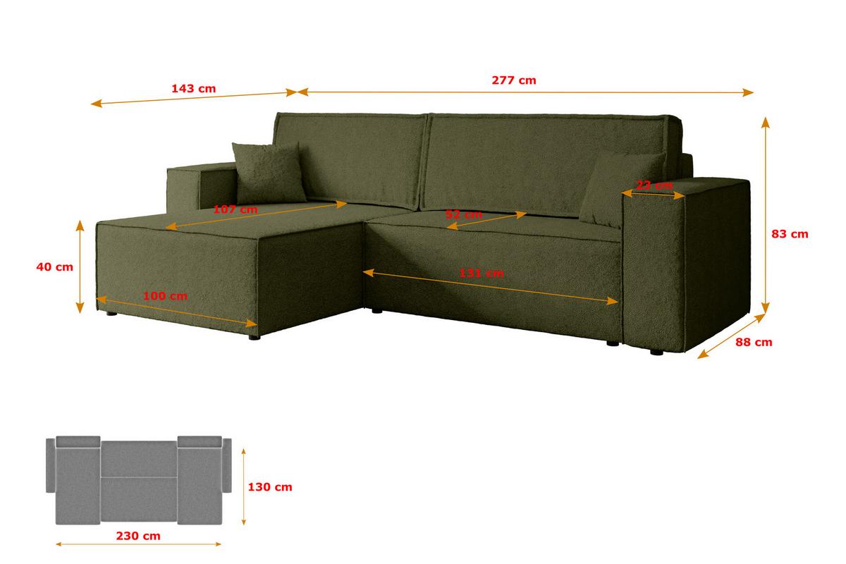 ECKSOFA mit Schlaffunktion und Bettkasten CELTIC-XL - 277x143x83 cm Grün Bouclé - Schwarz/Grün, Holzwerkstoff/Kunststoff (277/143cm) - ALTDECOR