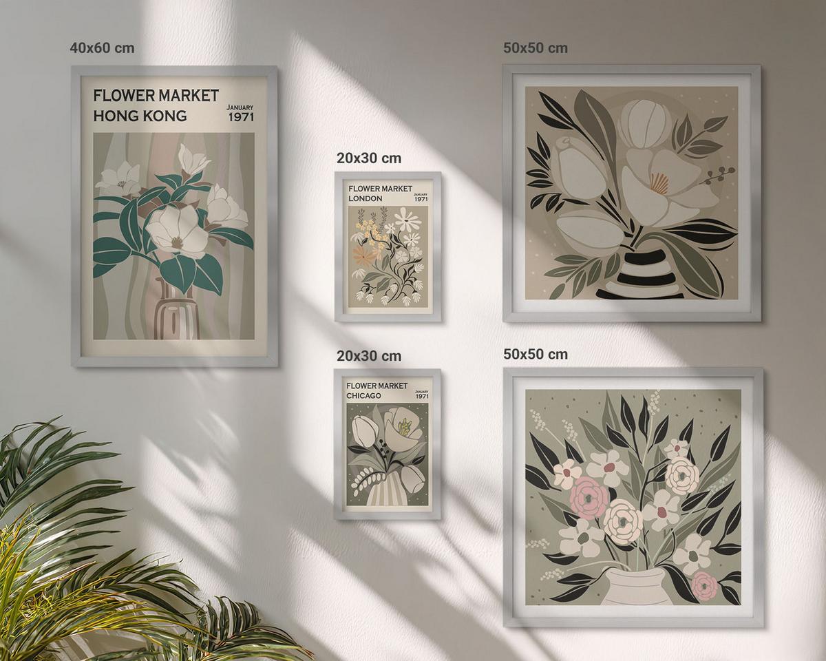 BILDER SET 5er Set - 50x50 cm & 20x30 cm & 40x60 cm Silberner Rahmen - Blumenillustrationen London Hongkong - Silberfarben, Kunststoff (40/60cm) - TULUP