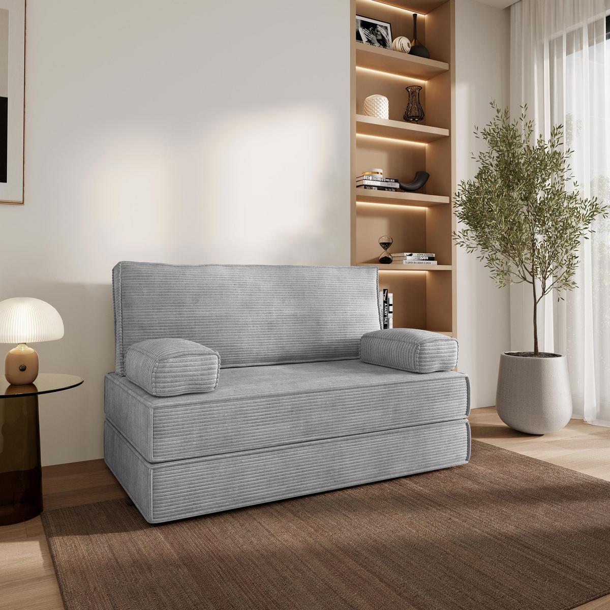 BETTSOFA LADIA aus Schaumstoff Kordstoff Hellgrau Schlaffunktion - Hellgrau, Textil (140/86/60cm) - MASSENO
