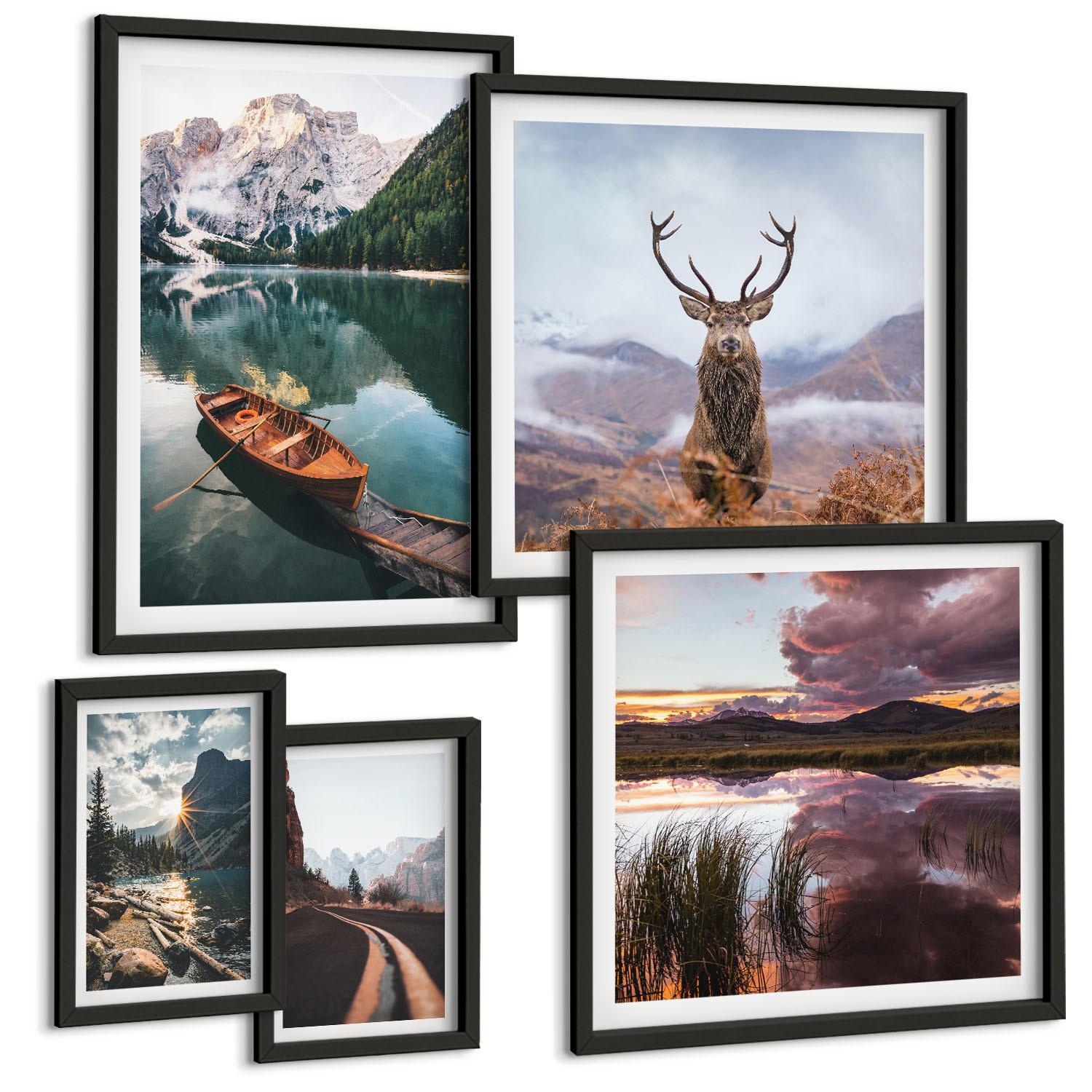 BILDER SET 5er Set - 50x50 cm & 20x30 cm & 40x60 cm Schwarzer Rahmen - Bergsee, Bootsfahrt, Sonnenuntergang, Hirsche - Schwarz, Kunststoff (40/60cm) - TULUP