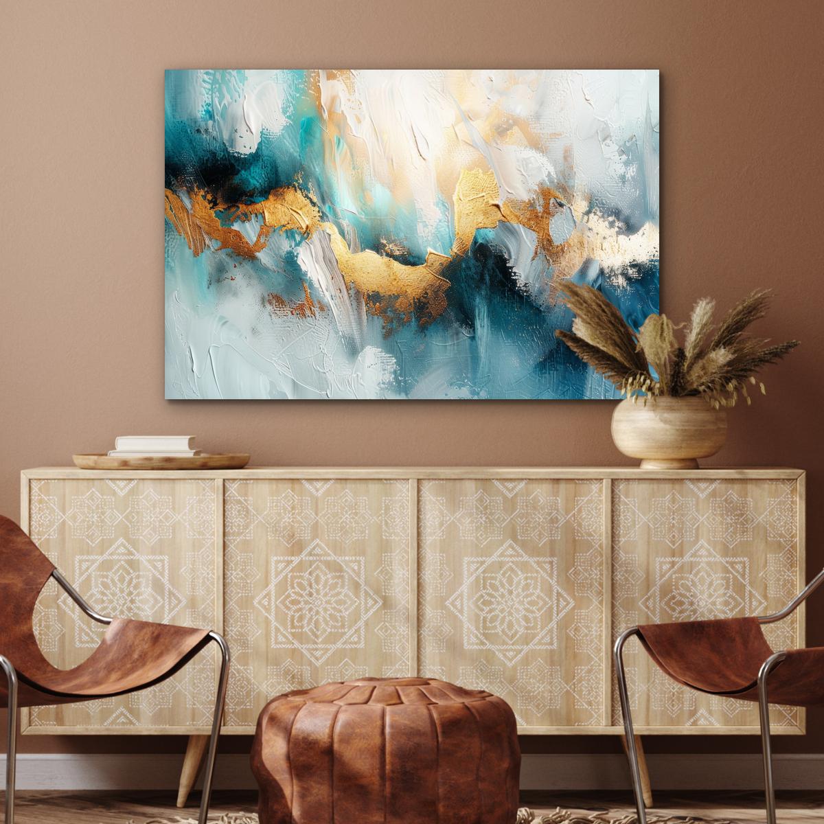 METALLBILD Abstrakt - Kunst - Gold - Blau Deko Groß 120x80 cm - Petrol, Metall (120/80cm) - MuchoWow