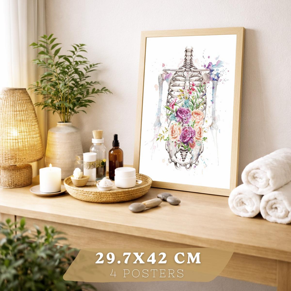 POSTER Set aus 4 Anatomie Mensch Drucke und mit Herz Gehirn Lungen Luftröhre Bronchien Wirbelsäule Florales Aquarell Design Leichter Holzrahmen A3 - Beige, Papier (29.7/42/3cm) - Nacnic