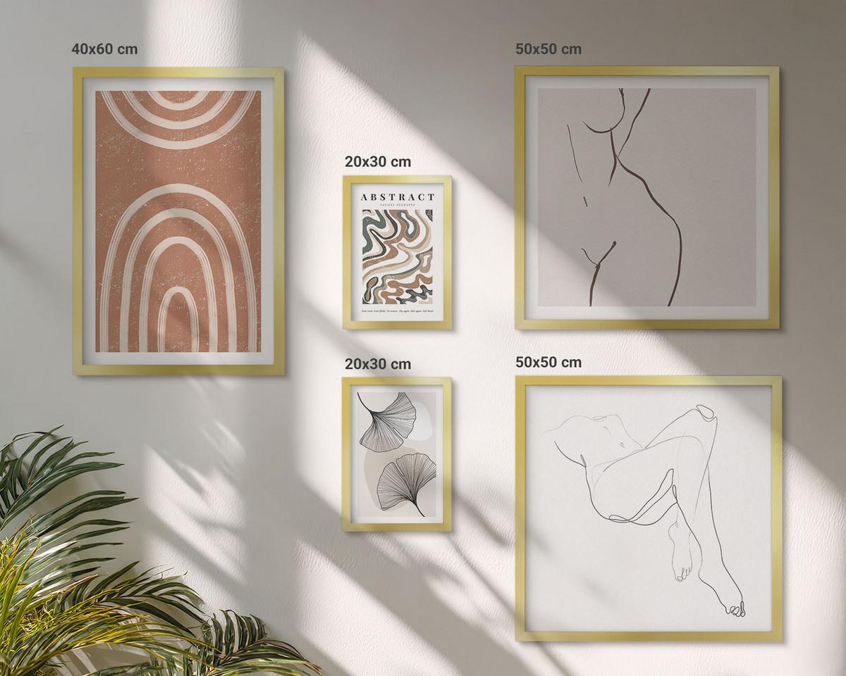 BILDER SET 5er Set - 50x50 cm & 20x30 cm & 40x60 cm Goldrahmen - Abstrakte Boho-Blattformen - Goldfarben, Kunststoff (40/60cm) - TULUP
