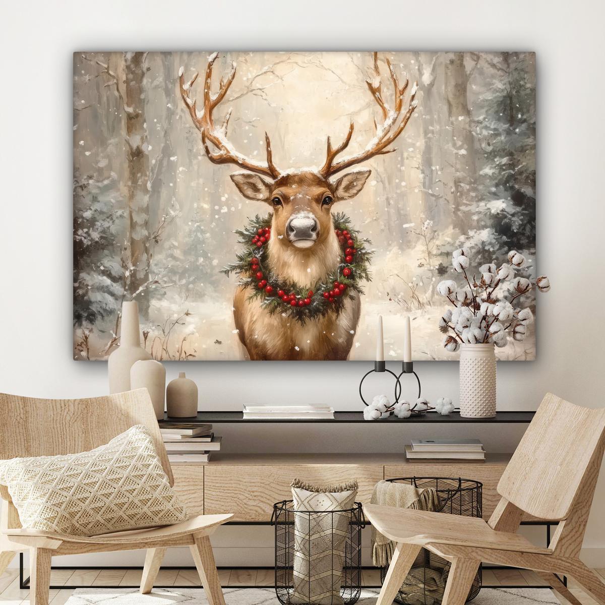 LEINWANDBILD Weihnachten - Rentier - Winter - Kranz Wohnzimmer Groß 120x80 cm - Naturfarben, Textil (120/80cm) - MuchoWow