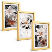 BILDER SET 3er Set - 20x30 cm Goldrahmen - Blumen Marmor weiß schwarz - Goldfarben, Kunststoff (20/30cm) - TULUP