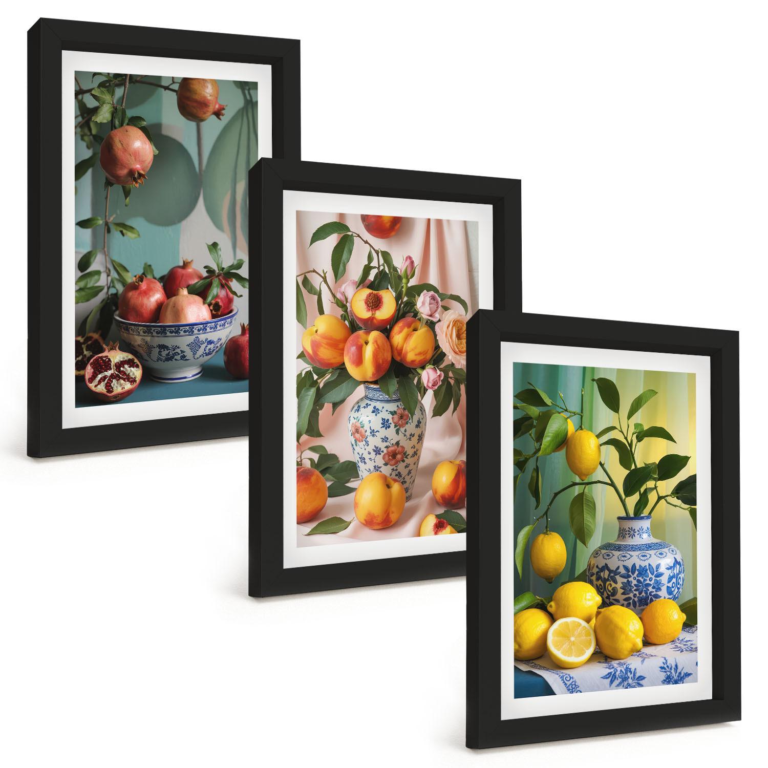 BILDER SET 3er Set - 20x30 cm Schwarzer Rahmen - Granatäpfel, Pfirsiche, Zitronen - Schwarz, Kunststoff (20/30cm) - TULUP