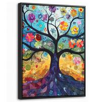 LEINWAND Bilder mit Rahmen - Kunst - Baum des Lebens - Blumen - Hippie - 30x40 - Dunkelblau, Textil (30/40cm) - MuchoWow