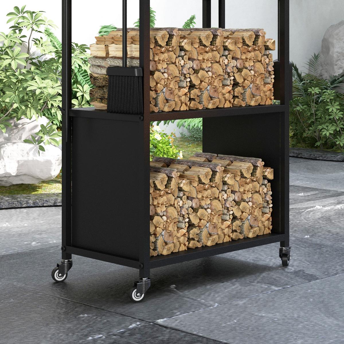 KAMINHOLZREGAL bis 60 kg - Schwarz, Metall (30/118/45cm) - Outsunny