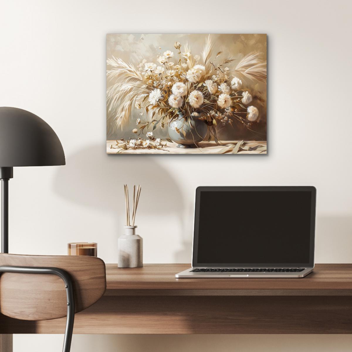METALLBILD Blumen - Vase - Stilleben - Beige 40x30 cm - Creme, Metall (40/30cm) - MuchoWow