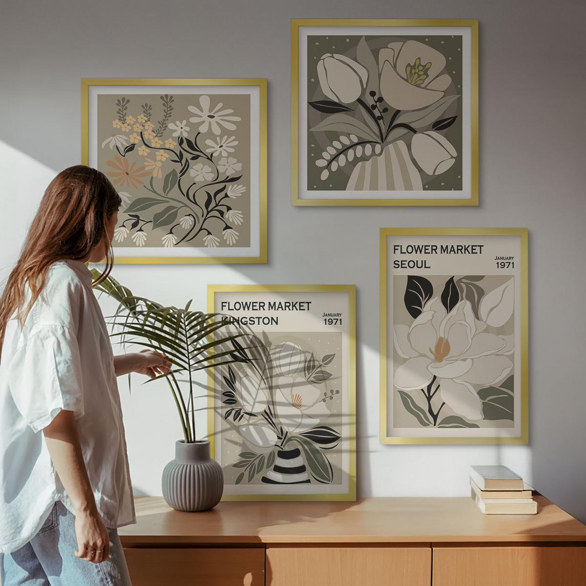 BILDER SET 4er Set - 50x50 cm & 40x60 cm Goldrahmen - Kingston Seoul Retro-Blumen - Goldfarben, Kunststoff (50/50cm) - TULUP