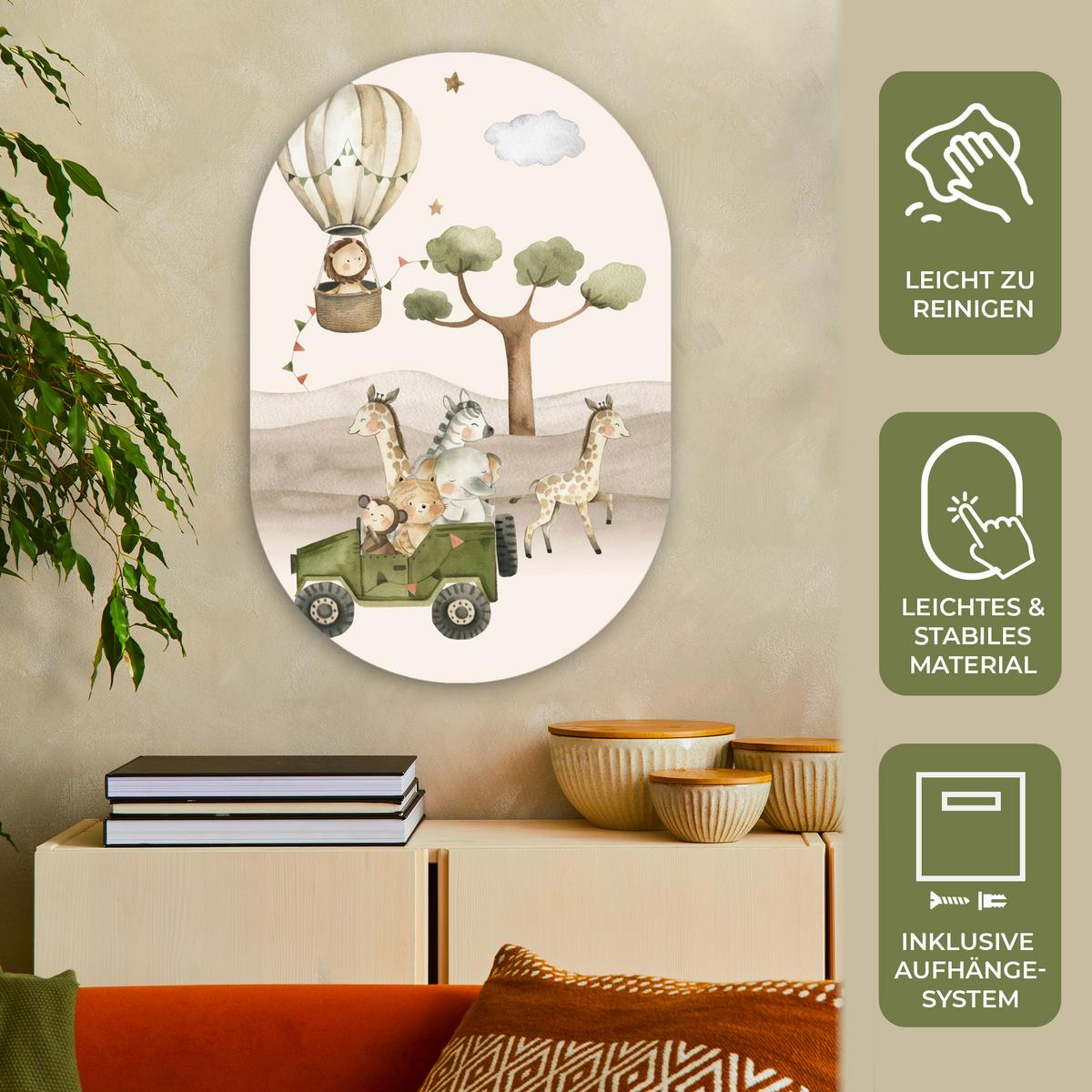 WANDBILD Wilde Tiere - Safari - Aquarell - Heißluftballon Wanddeko Schlafzimmer 60x90 cm - Beige, Kunststoff (60/90cm) - MuchoWow