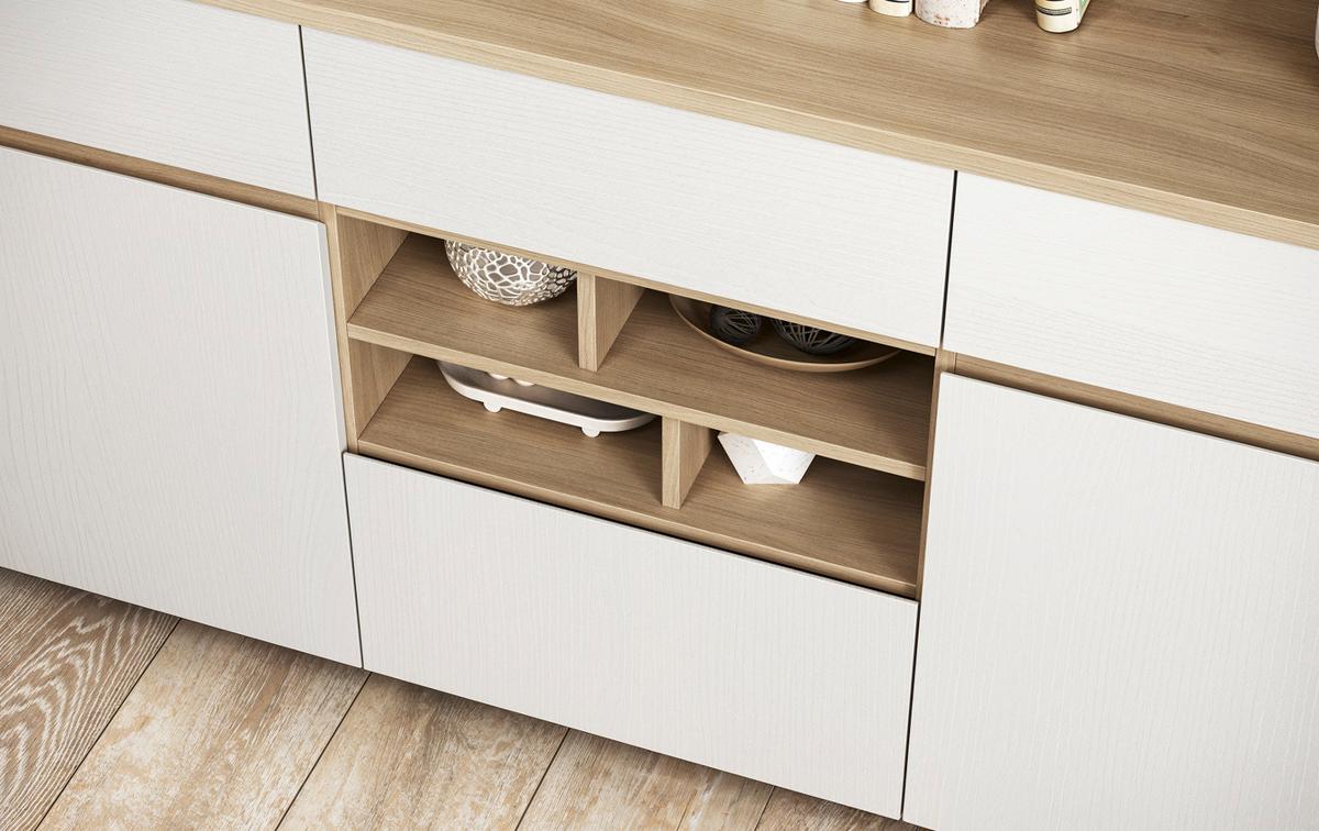 BUFFET weiß, Eiche, Buffetschrank skandinavisch 164 cm mit Soft-Close, Finnes - Eichefarben/Weiß, Glas/Holzwerkstoff (164/195/39cm) - Furn.Design