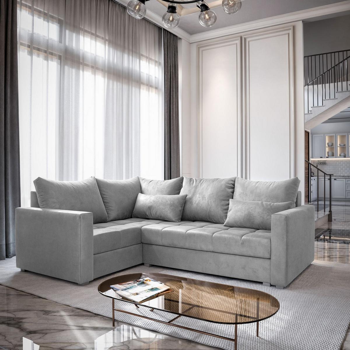 ECKSOFA LIRENO L-S Hellgrau Plüsch-Stoff mit Schlaffunktion - Hellgrau/Grau, Holz/Kunststoff (220/153cm) - MASSENO