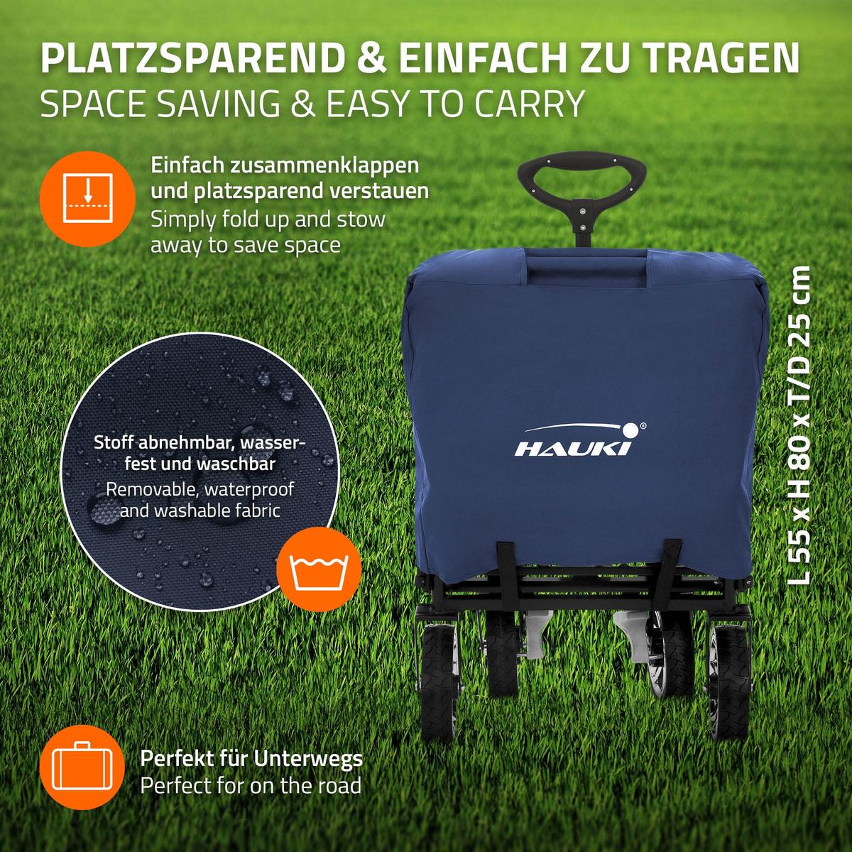 BOLLERWAGEN faltbar mit Dach XXL Blau-Grau Handwagen für Kinder Strand Picknick - Blau, Metall (56/99/196cm) - Hauki