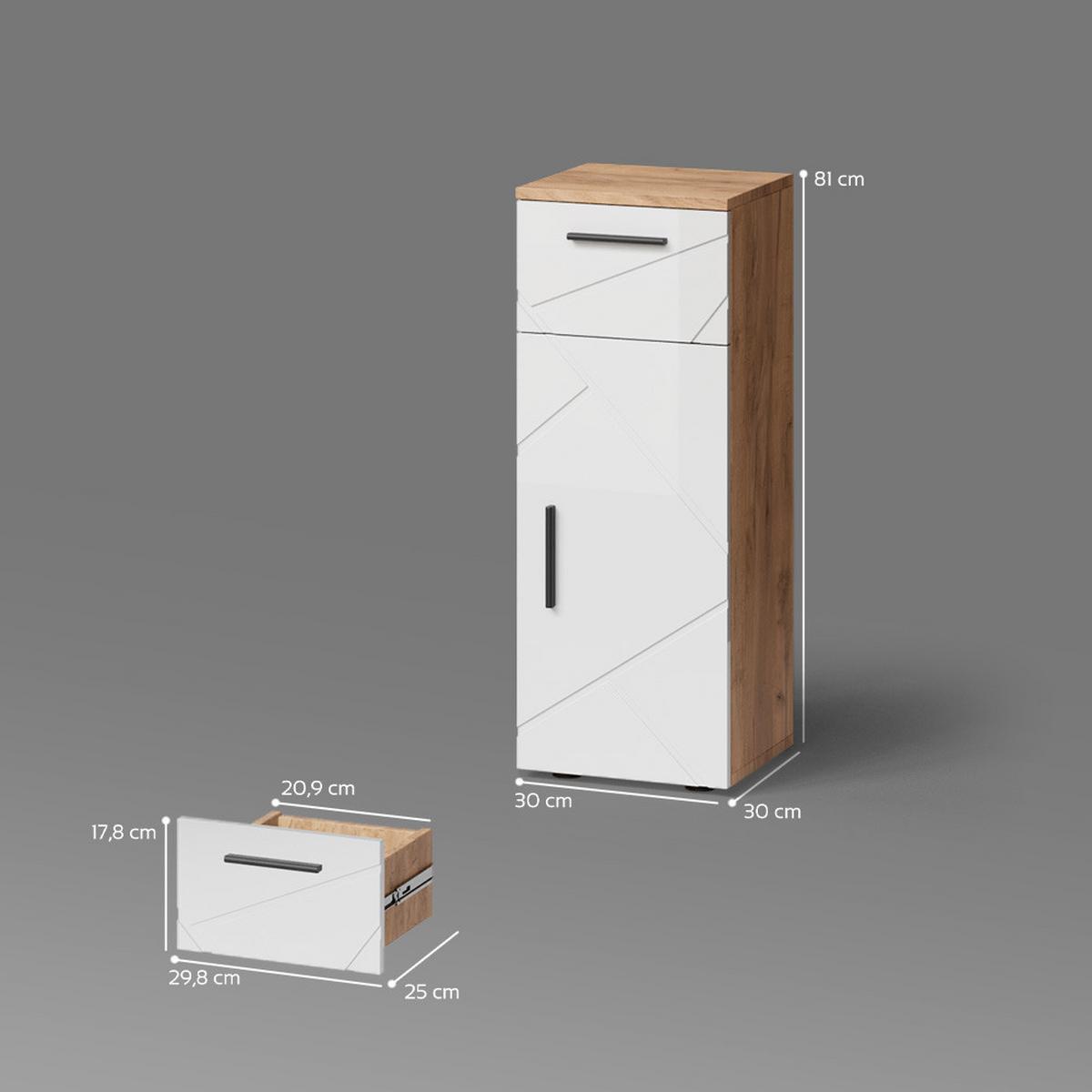 MIDISCHRANK Ronco Weiß Hochglanz/Goldkraft Eiche 30 x 81 cm - Honigeiche/Weiß Hochglanz, Holzwerkstoff (30/81/30cm) - Livinity®