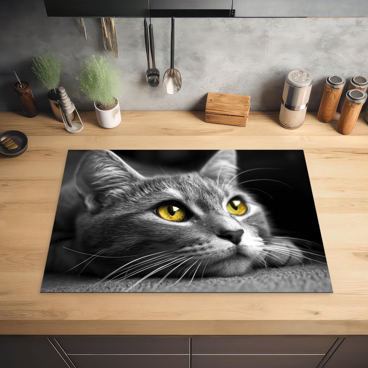 HERDABDECKPLATTE Katze - Grau - Tiere - Katze Herdabdeckung Induktionsfeld 75x52 cm - Grau, Kunststoff (75/52/0.2cm) - MuchoWow