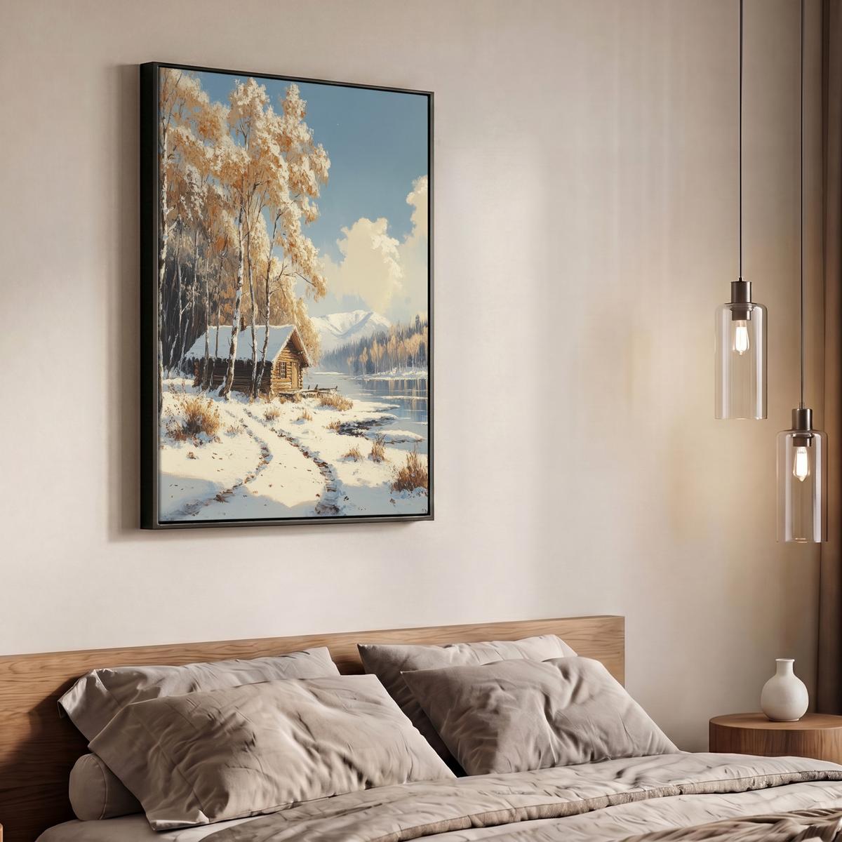 LEINWAND Bilder mit Rahmen - Winter - Schnee - Zuhause - Natur - 70x100 - Hellbraun, Textil (70/100cm) - MuchoWow