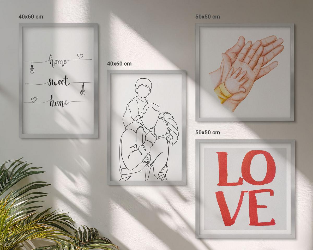 BILDER SET 4er Set - 50x50 cm & 40x60 cm Silberner Rahmen - Familienillustrationen Hausschilder - Silberfarben, Kunststoff (50/50cm) - TULUP