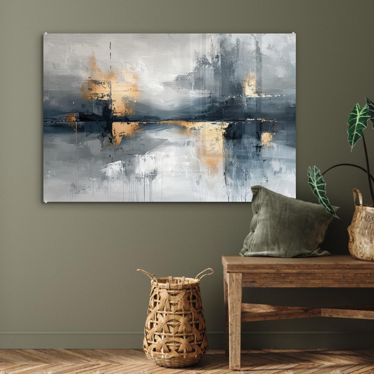 ACRYLGLASBILD Kunst - Grau - Gold - Abstrakt Wandbild Schlafzimmer 120x80 cm - Dunkelgrau, Glas (120/80cm) - MuchoWow