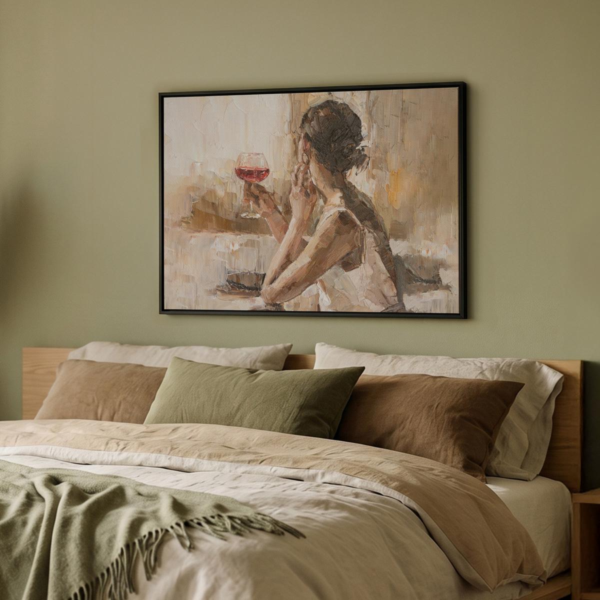 LEINWAND Bilder mit Rahmen - Ölgemälde - Frau - Wein - 70x50 - Hellbraun, Textil (70/50cm) - MuchoWow