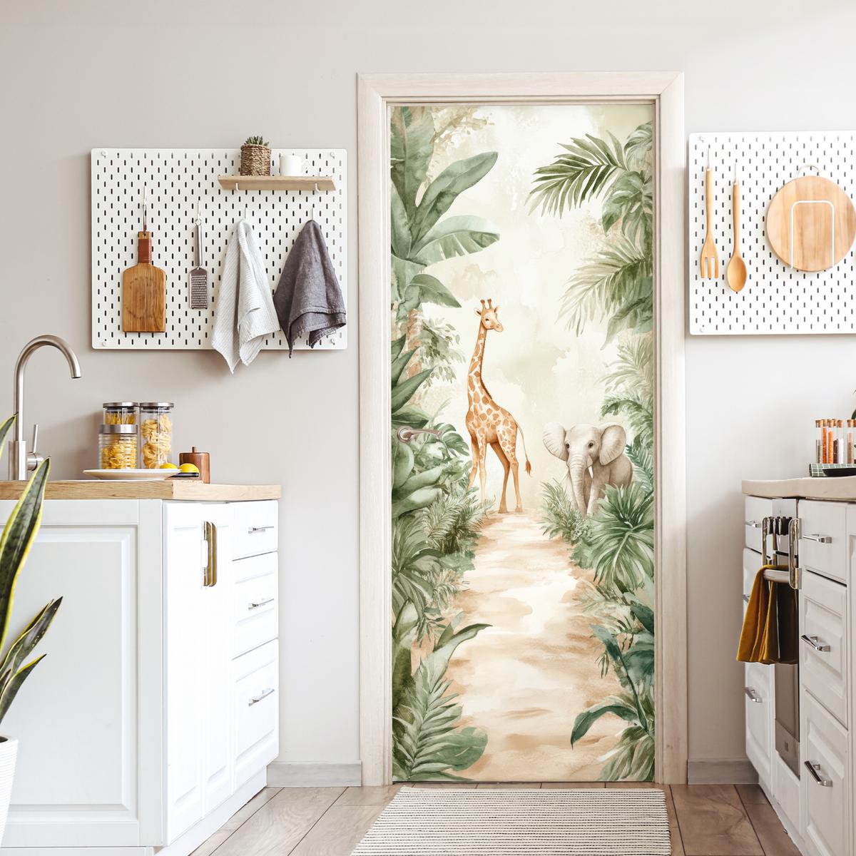 TÜRAUFKLEBER Dschungel - Giraffe - Elefant - Grün - Natur Room Decor 85x205 cm - Türtapete - Eukalyptusholzfarben, Kunststoff (85/0.1cm) - MuchoWow