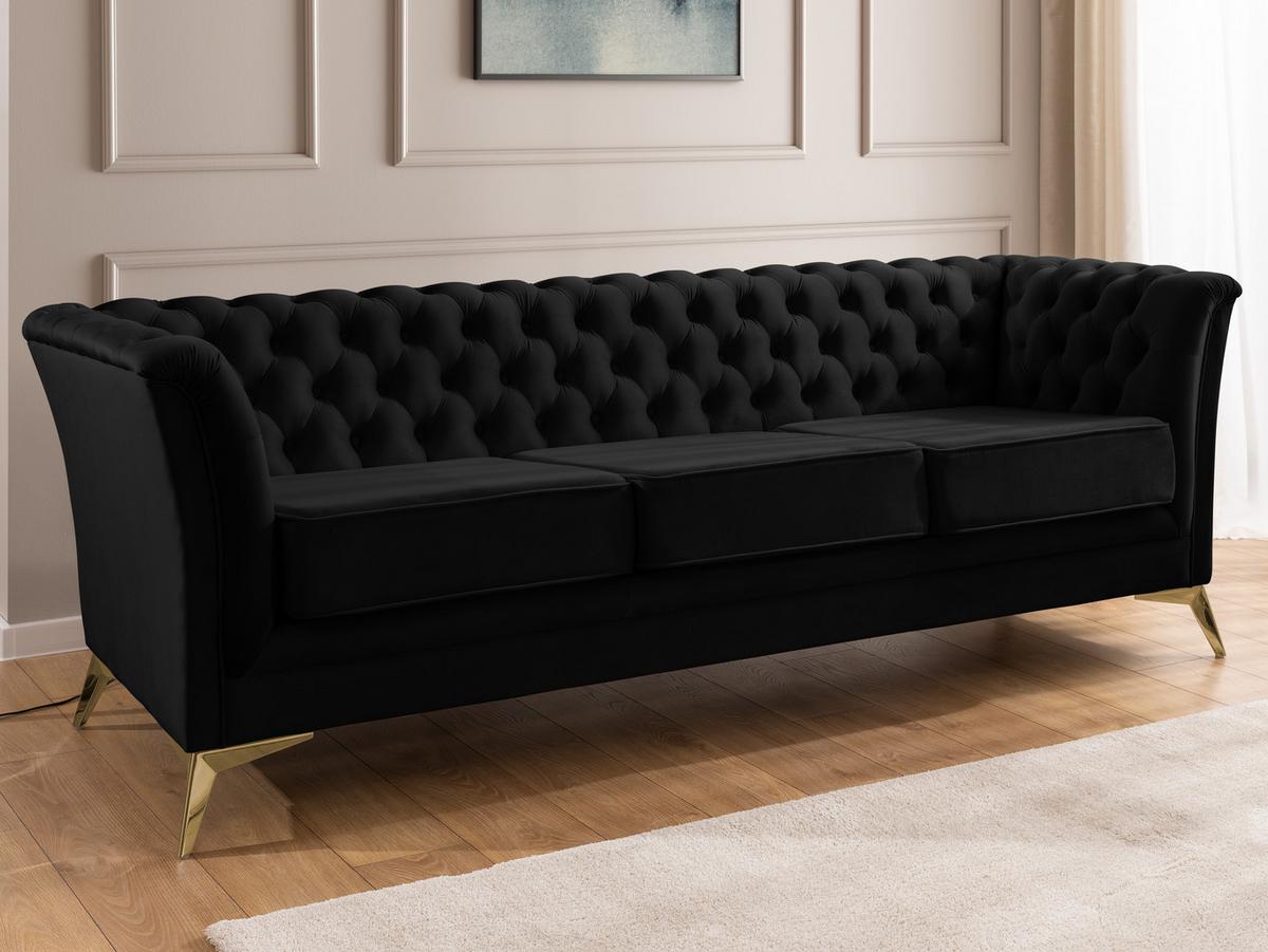 CHESTERFIELD-SOFA 3-sitzer Whitby Schwarz Samt mit goldenen Füßen - Goldfarben/Schwarz, Holz/Textil (237/78/82cm) - S-Style Möbel