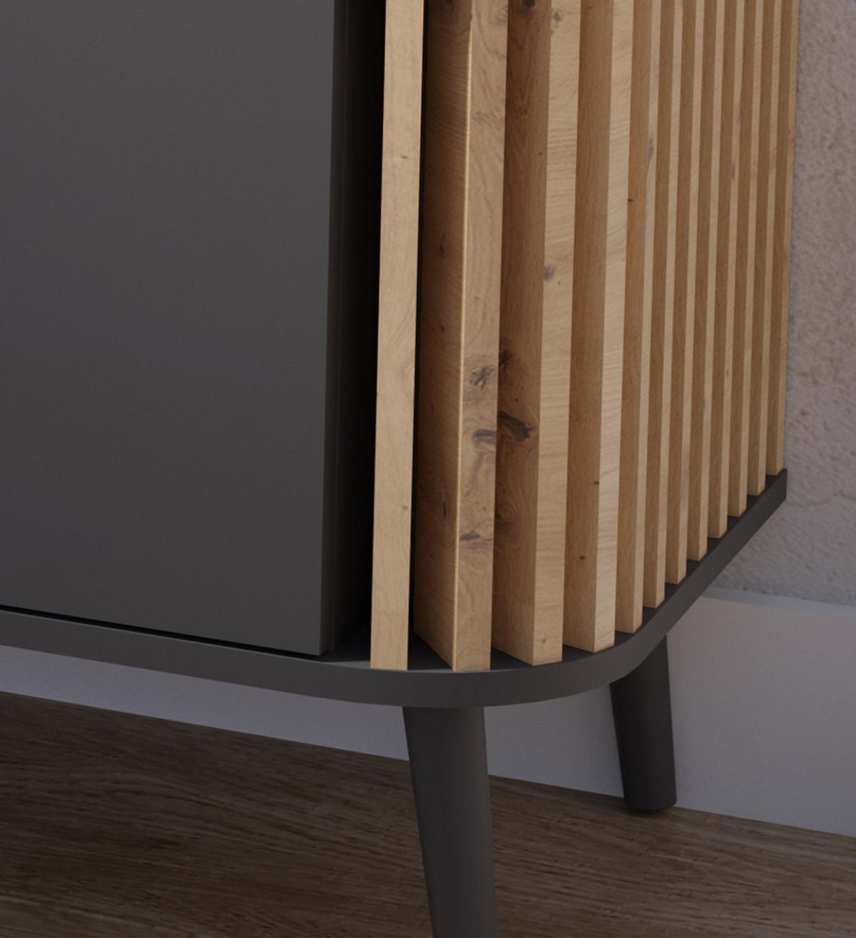 TV-LOWBOARD grau, Eiche Artisan 138 cm, Fernsehtisch mit 3D-Lamellen - Dunkelgrau/Schwarz, Holzwerkstoff/Metall (138/50/40cm) - Inn.Furn