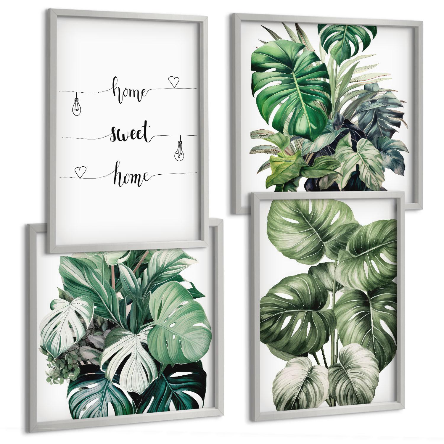 BILDER SET 4er Set - 50x50 cm & 40x60 cm Silberner Rahmen - Aquarell-Monstera-Blätter - Silberfarben, Kunststoff (50/50cm) - TULUP