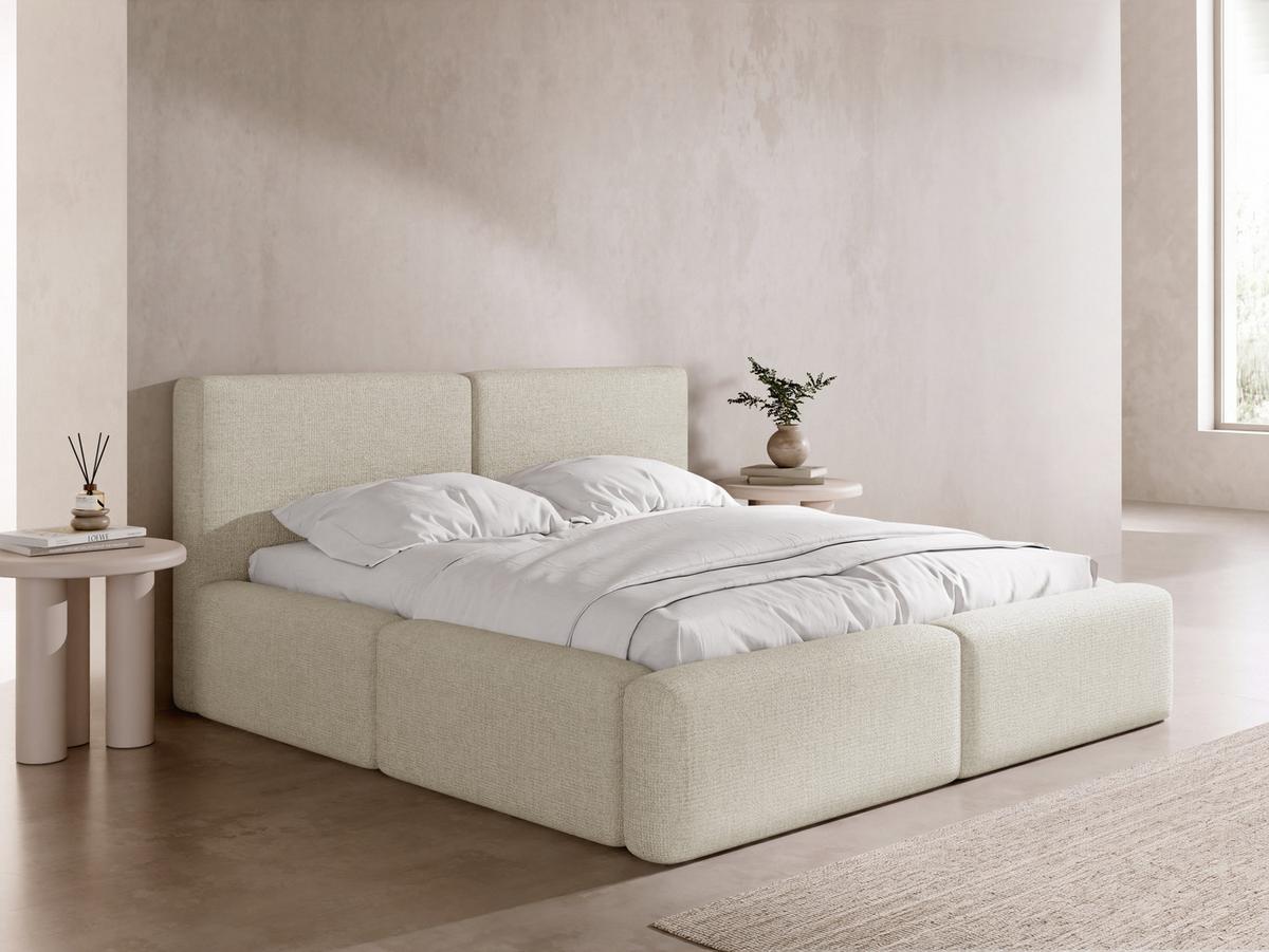 POLSTERBETT Duo mit Bettkasten, Metall-Lattenrost & hohem Kopfteil in Creme Chenille 160x200 cm - Birkefarben/Creme, Kunststoff/Textil (160/200cm) - WFL GROUP