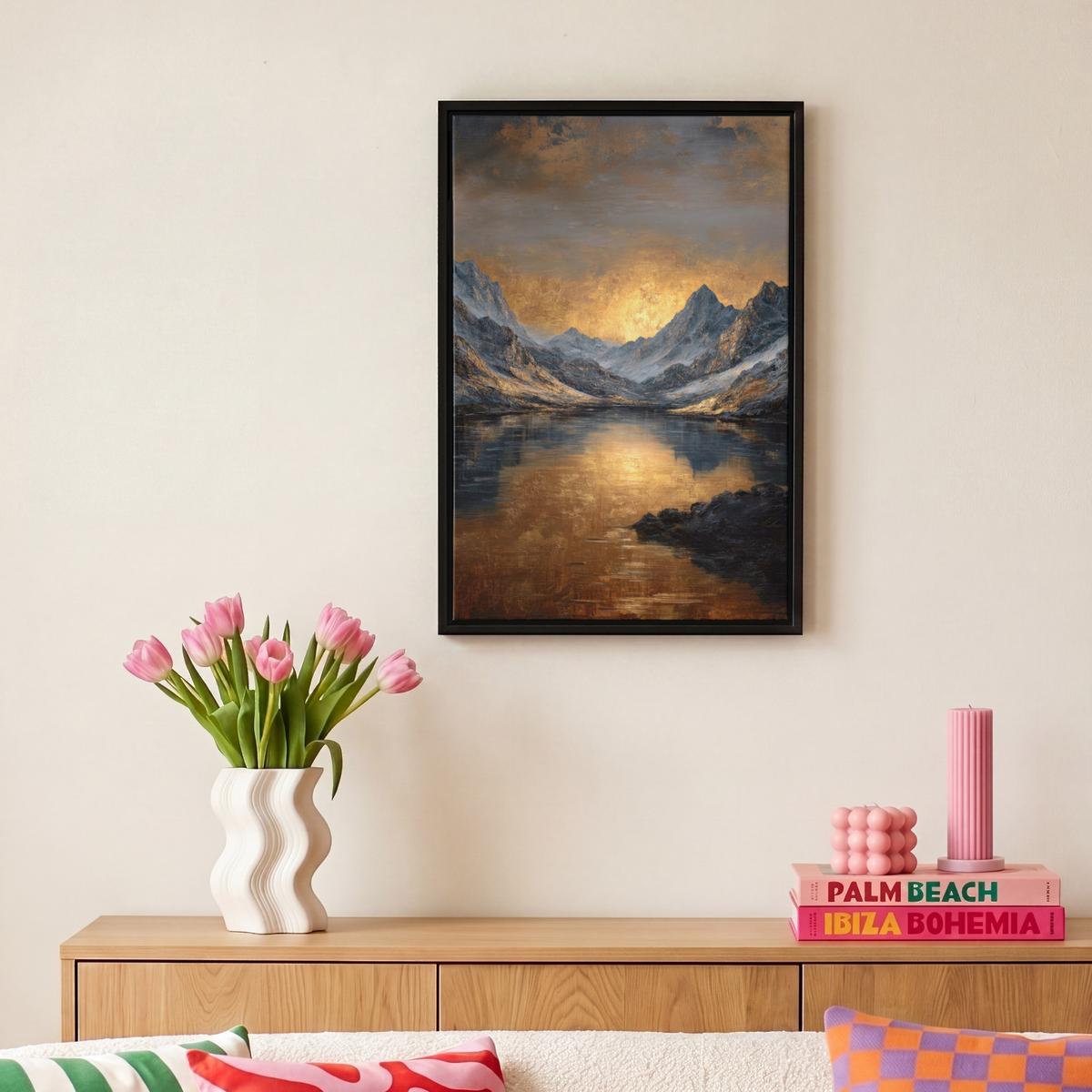 LEINWAND Bilder mit Rahmen - Bergkulisse mit goldenem Sonnenuntergang - 20x30 - Goldfarben, Textil (20/30cm) - MuchoWow