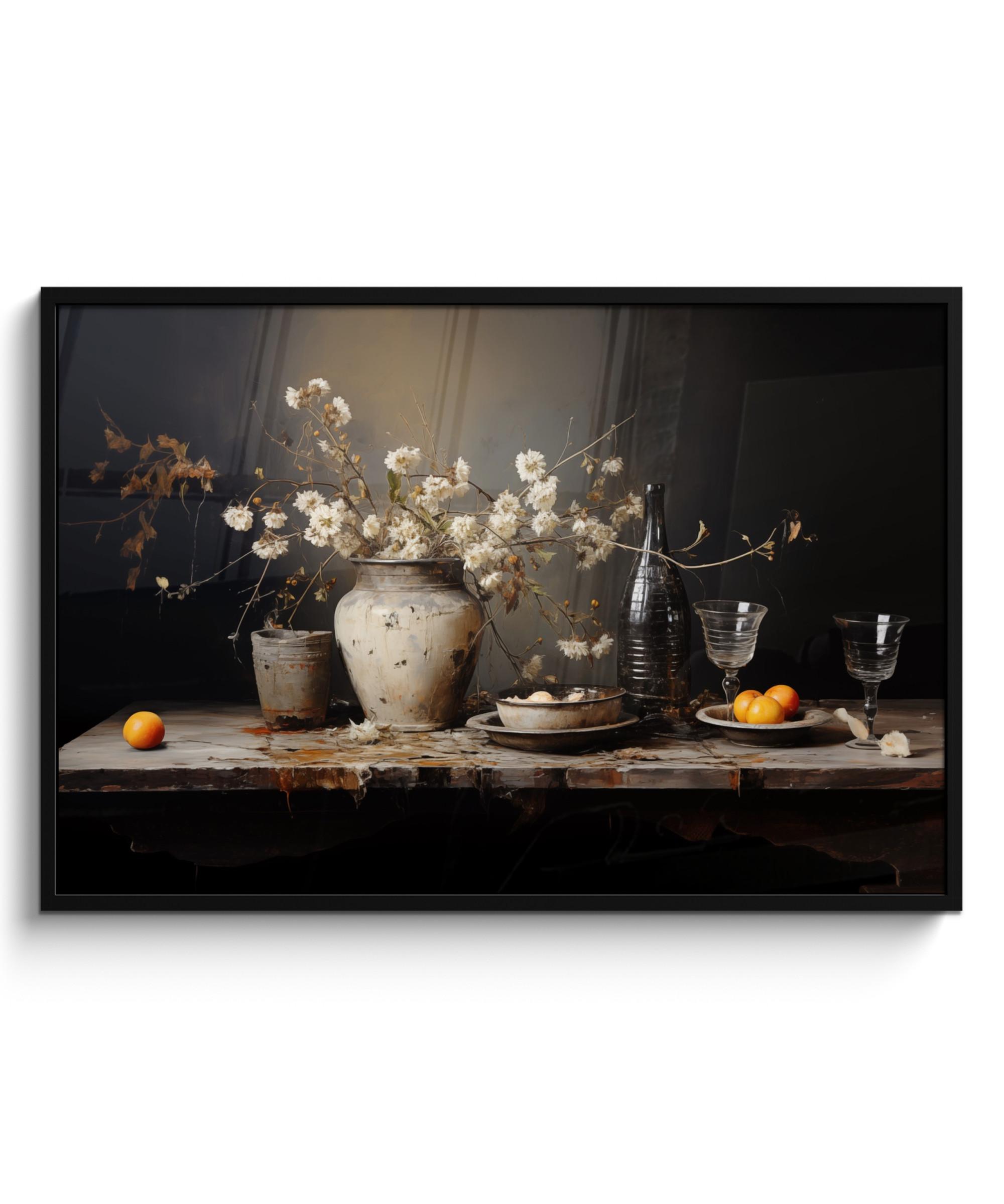 POSTER MIT RAHMEN Stilleben - Blumen - Blumenstrauß - Vase - Wein 120x80 cm - Schwarz, Papier (120/80cm) - MuchoWow