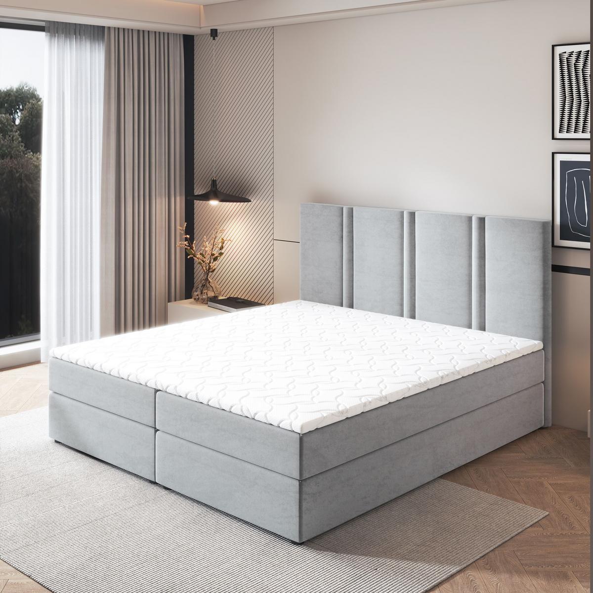 BOXBETT LARIO 140x200 cm mit Matratze und Topper - Hellgrau - Hellgrau, Holz (140/200cm) - MASSENO