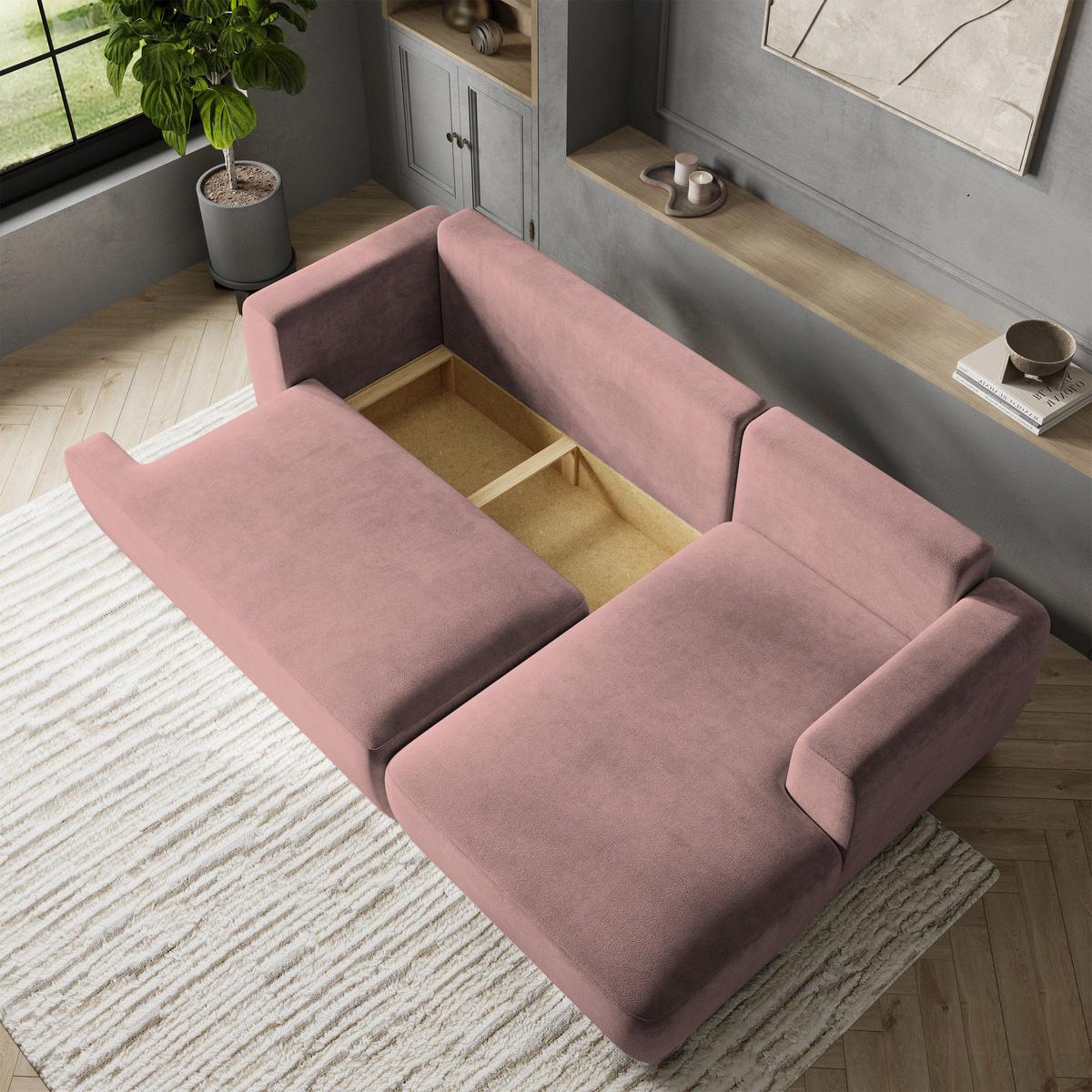 ECKSOFA SENTI K R-S Rosa Plüsch-Stoff mit Schlaffunktion - Schwarz/Rosa, Holz/Kunststoff (246/148cm) - MASSENO