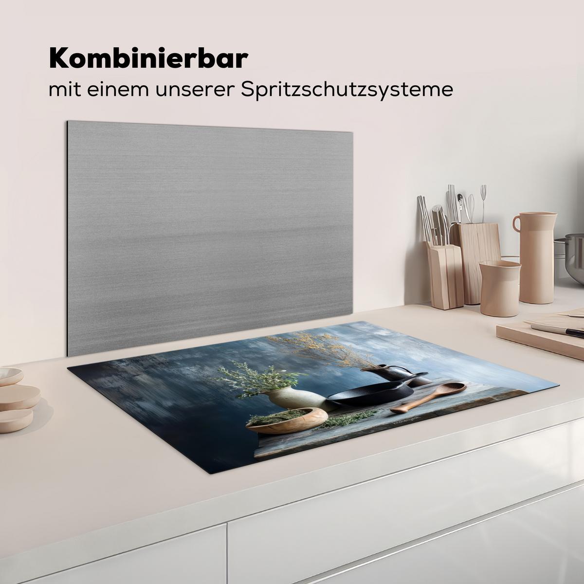 HERDABDECKPLATTE Stilleben - Kräuter - Rustikal Ceranfeldabdeckung 80x52 cm - Blaugrau, Kunststoff (80/52/0.2cm) - MuchoWow