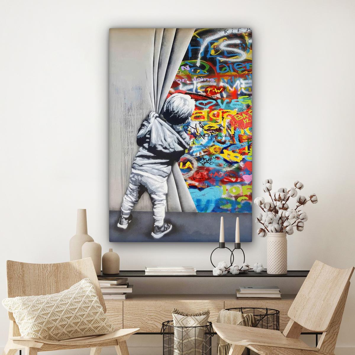 LEINWANDBILD Graffiti - Junge - Ilussie - Straßenkunst Deko Groß 90x140 cm - Hellgrau, Textil (90/140cm) - MuchoWow