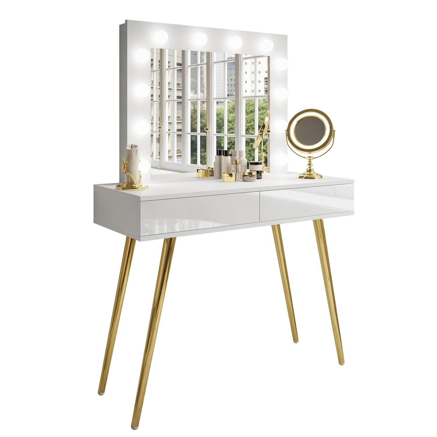 SCHMINKTISCH SIENNA GOLD mit Schubladen auf goldenen Beinen PUSH OPEN - Weiß Hochglanz/Goldfarben, Holzwerkstoff (100/81/42cm)
