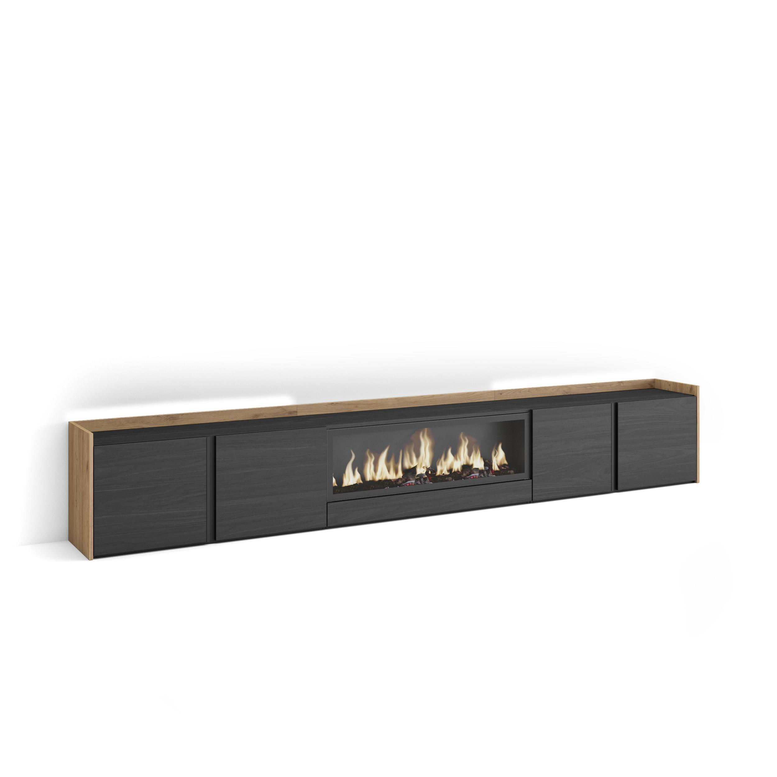 LOWBOARD, Schwarz und Eiche, 315/35/50cm, Kamin mit Feuereffekt XXL - Schwarz, Holzwerkstoff (315/50/35cm) - Skraut Home