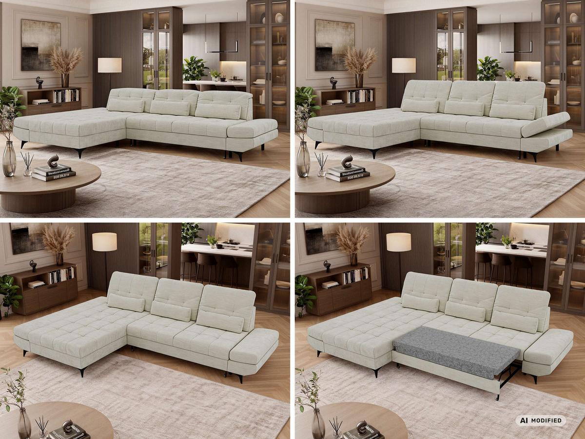 ECKSOFA ALVENO L - Creme Schenille glatt - Links Seite - Creme/Schwarz, Textil/Metall (218/344cm) - MKS
