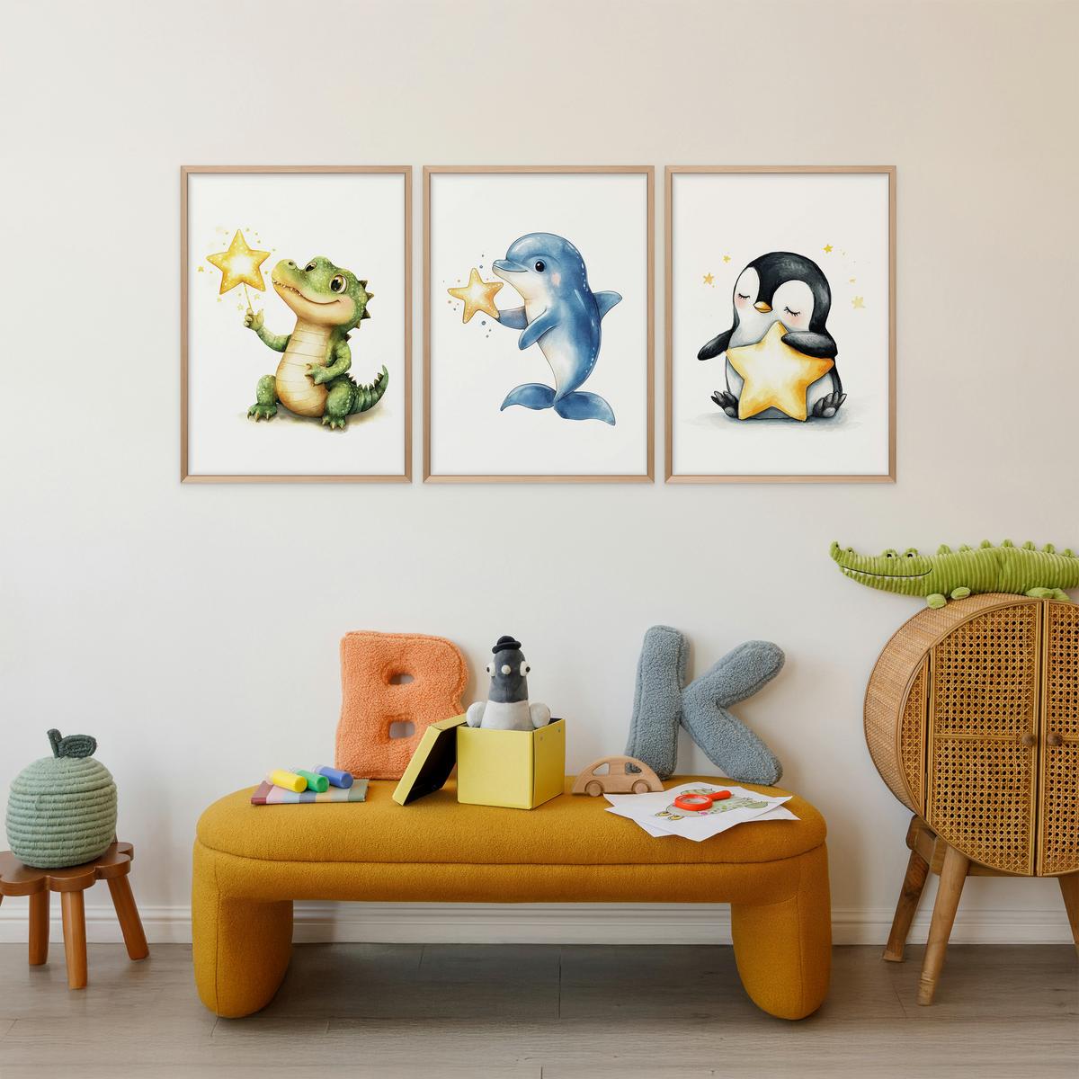 POSTER SET für Kinderzimmer TIERE Sterne Krokodil Delfin Pinguin A3 30x42cm - Gelb/Schwarz, Papier (30/42/1cm) - Muralo