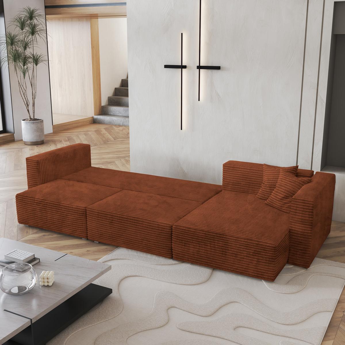ECKSOFA TOLMO Braun Kordstoff mit Schlaffunktion - Braun/Grau, Holz/Kunststoff (347/148cm) - MASSENO