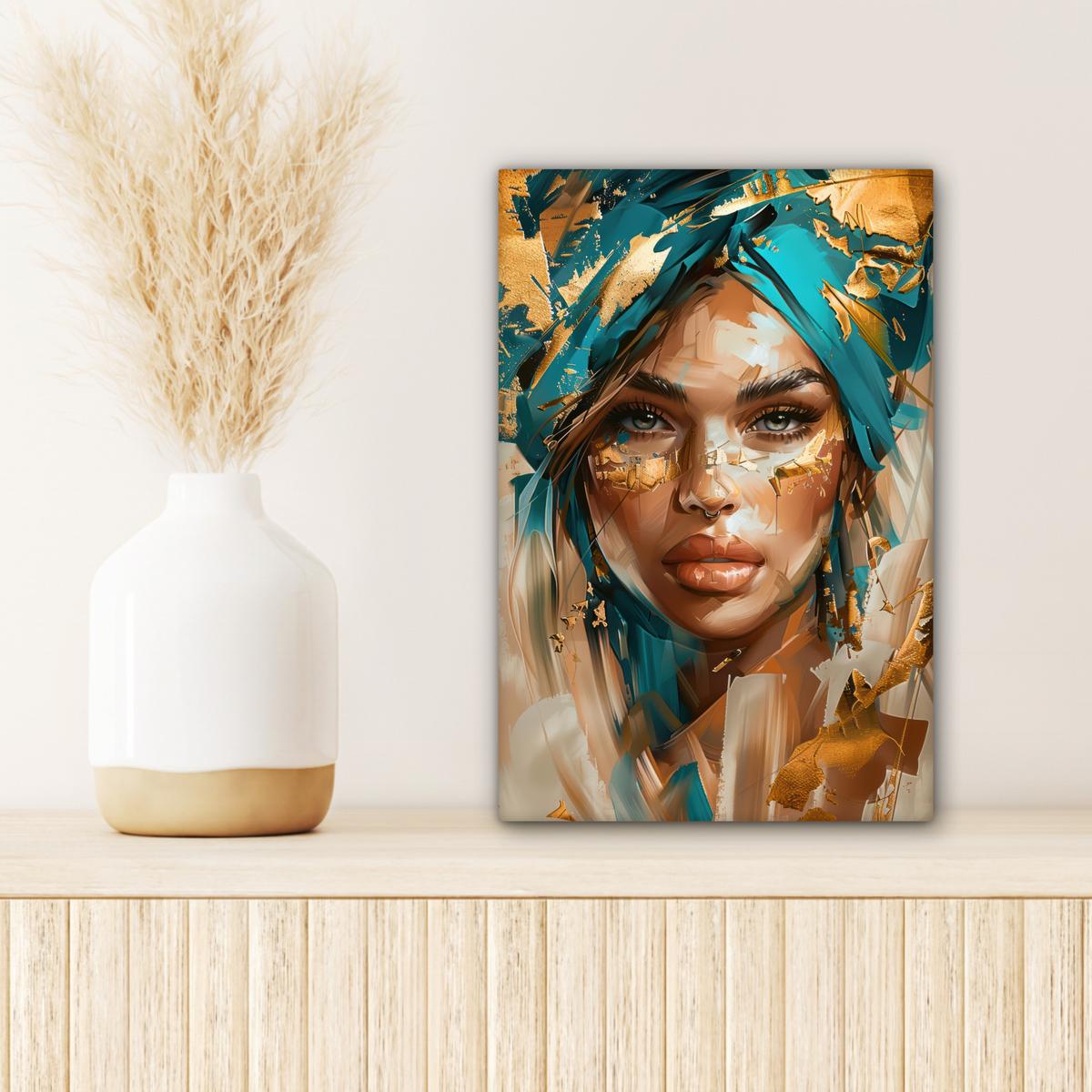 LEINWANDBILD Frau - Porträt - Gold - Luxus - Blau Deko Wohnzimmer 20x30 cm - Türkis, Textil (20/30cm) - MuchoWow