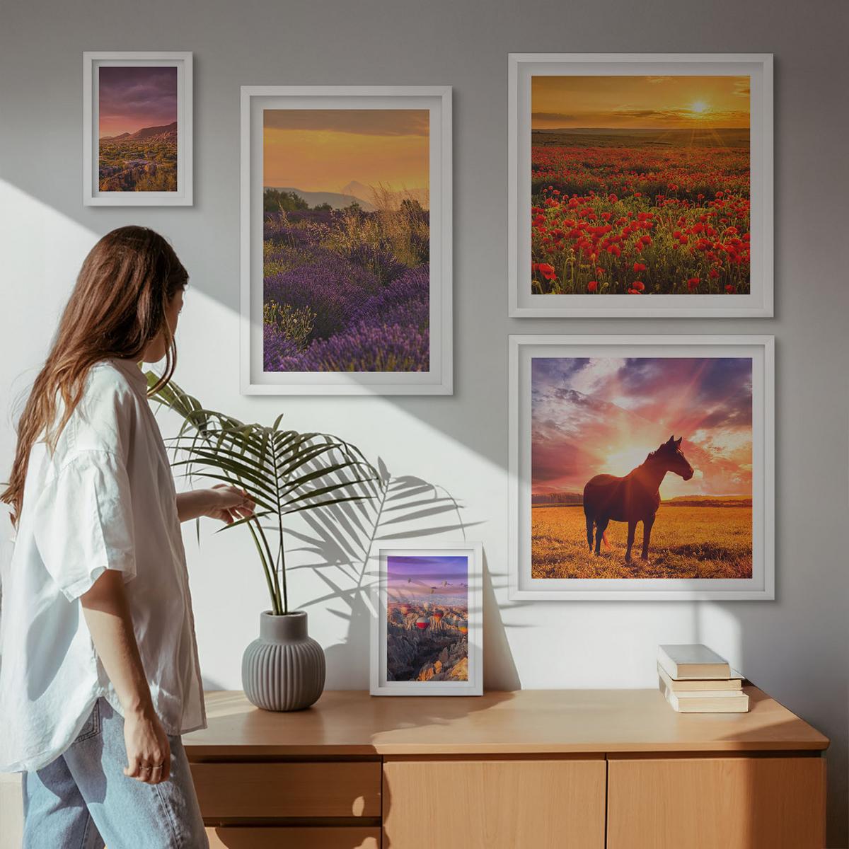 BILDER SET 5er Set - 50x50 cm & 20x30 cm & 40x60 cm Weißer Rahmen - Berglandschaft Rosslavendel - Weiß, Kunststoff (40/60cm) - TULUP