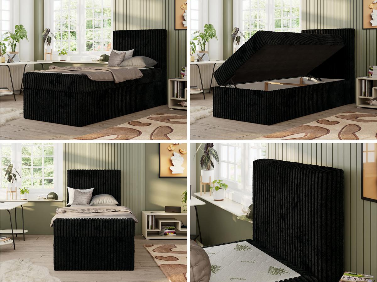 JUGENDBETT TILIO 90/200 - Schwarz - H3 - Rechts Seite - Schwarz, Textil (200/90cm) - MKS