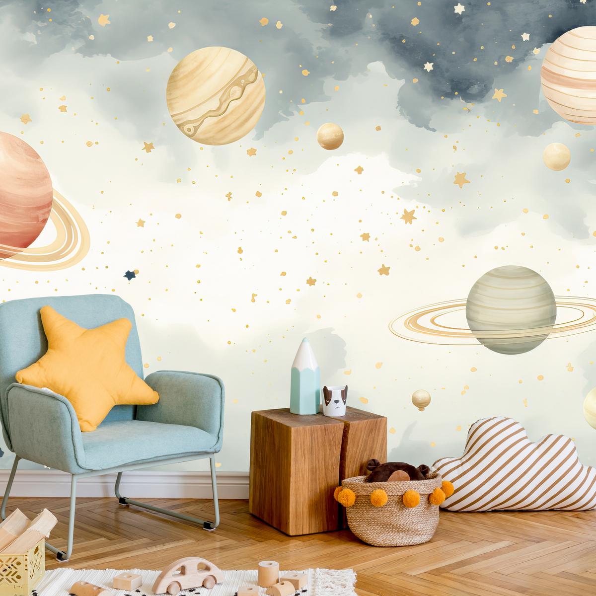 FOTOTAPETE für Kinderzimmer Pastell Planeten Saturn Uran Sterne 100x70 - Blau/Ecru, Papier (100/70cm) - Muralo