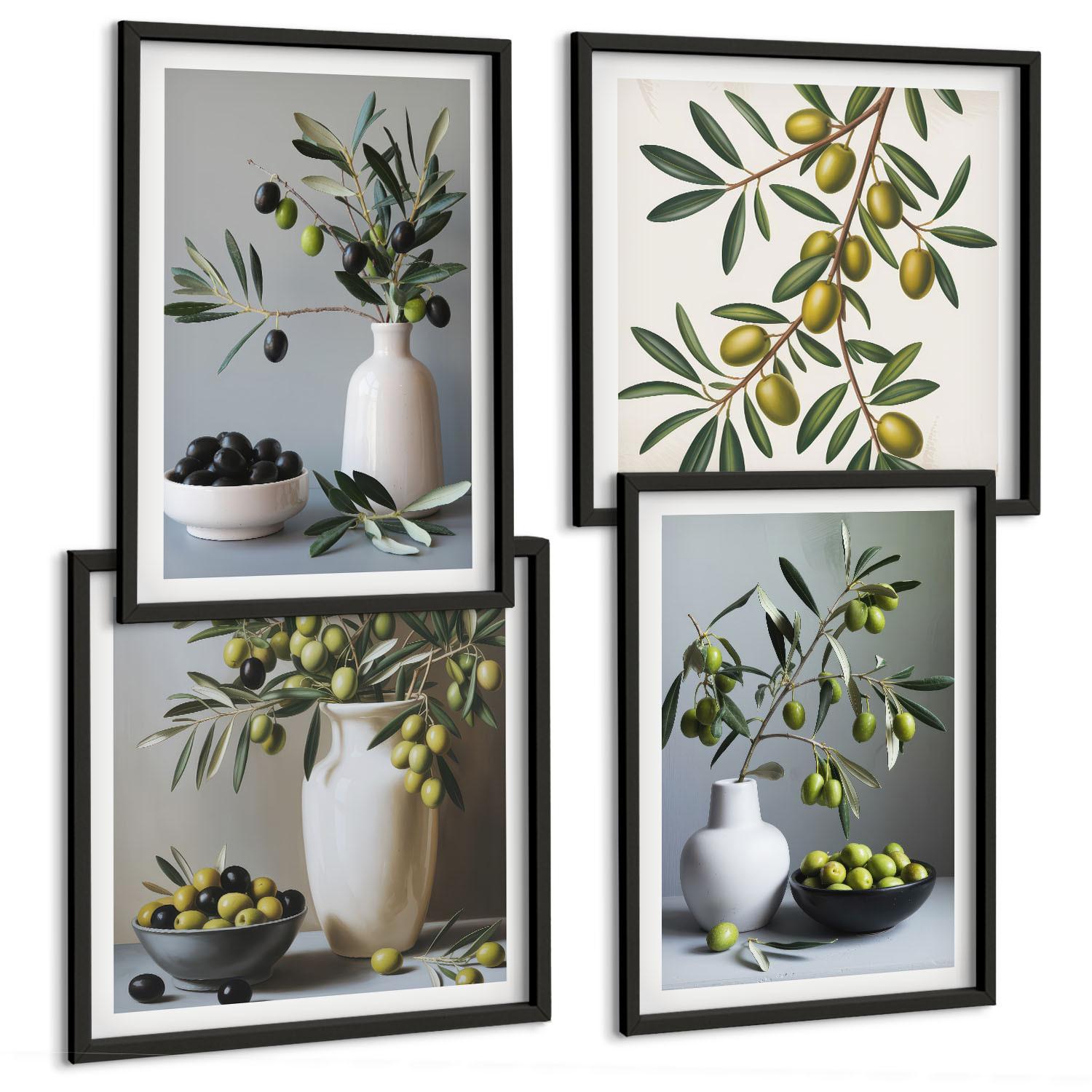 BILDER SET 4er Set - 50x50 cm & 40x60 cm Schwarzer Rahmen - Oliven in Vasen in gedeckten Farben - Schwarz, Kunststoff (50/50cm) - TULUP